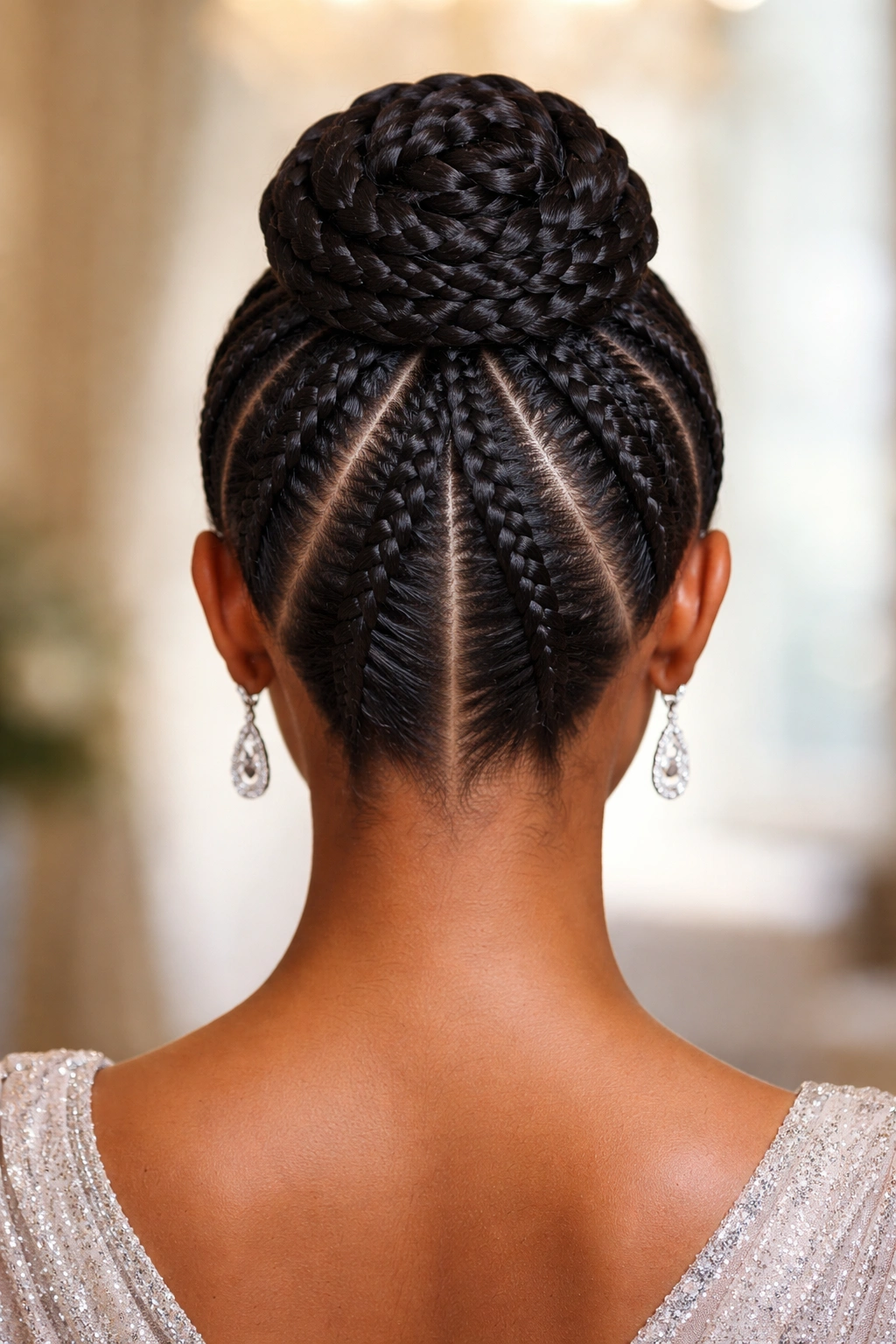 Triangle-divided bun with three crown braids