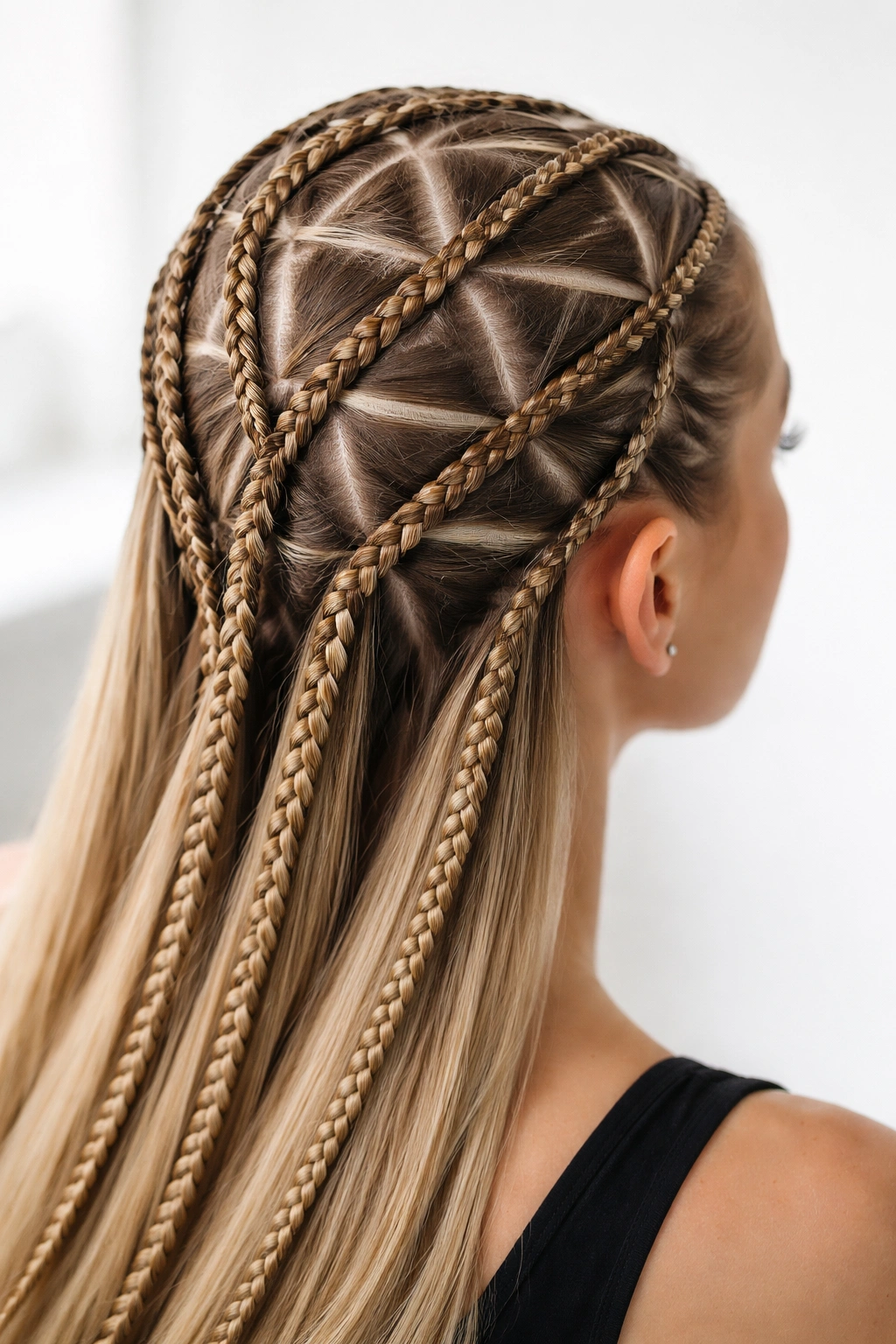 Geometric triangle-patterned cornrows on straight hair with precise divisions