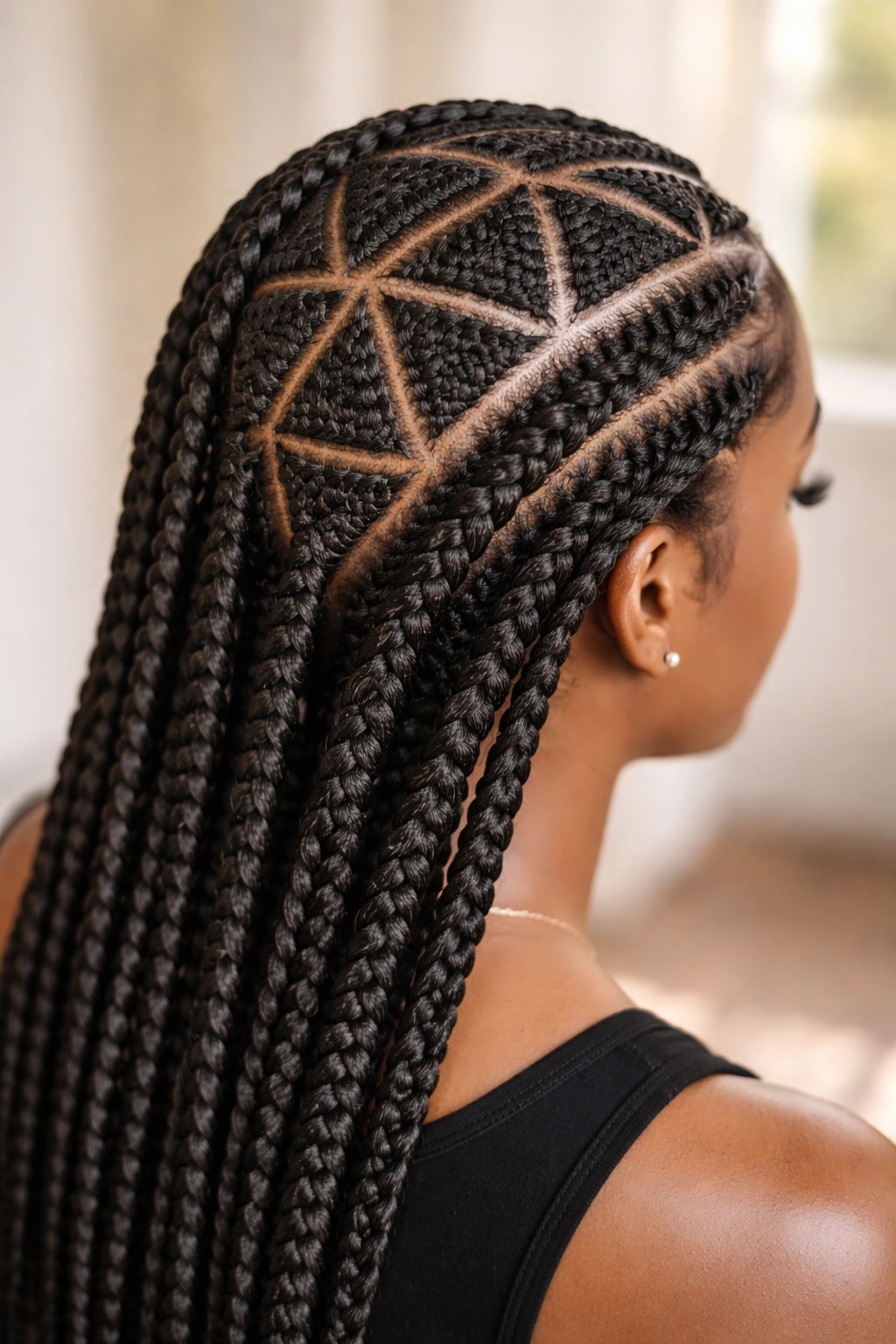 Triangle-parted crochet cornrows with geometric triangular sections