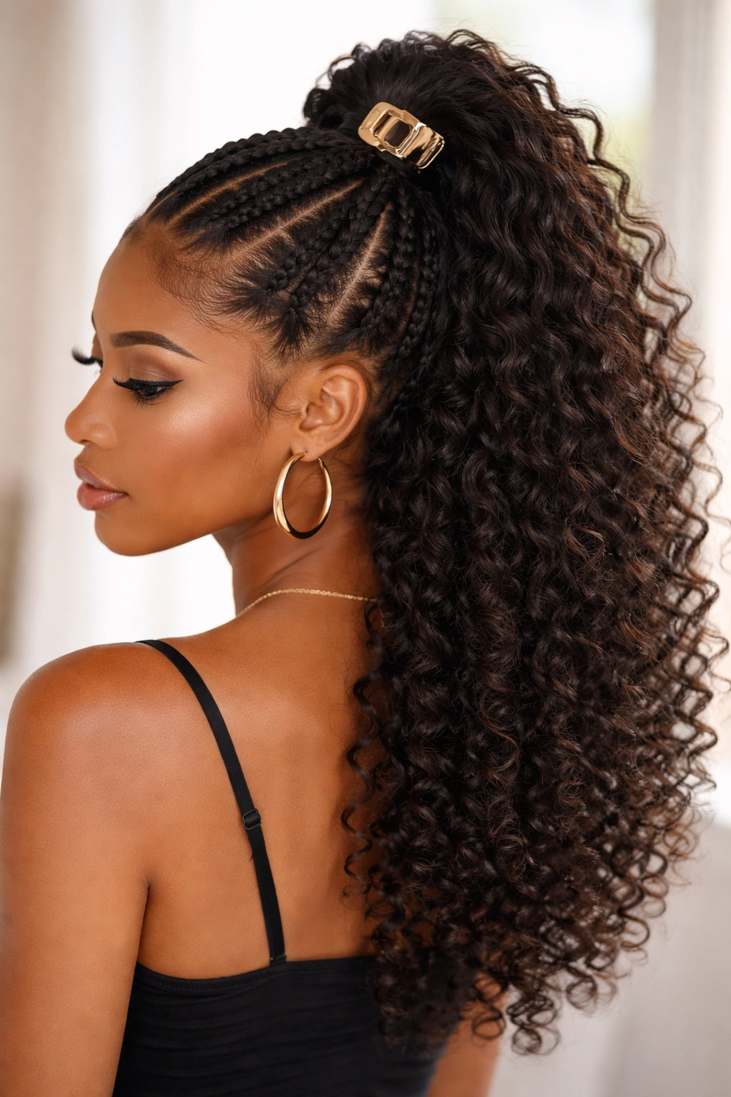 Triangle-part crochet braids gathered high at crown with clip.