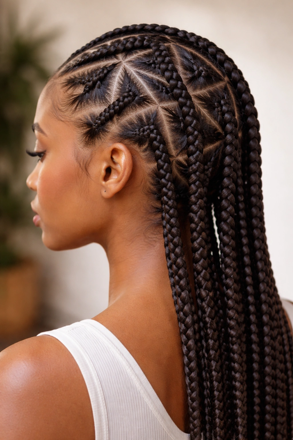 Triangle-parted feed-in cornrows with geometric triangular sections