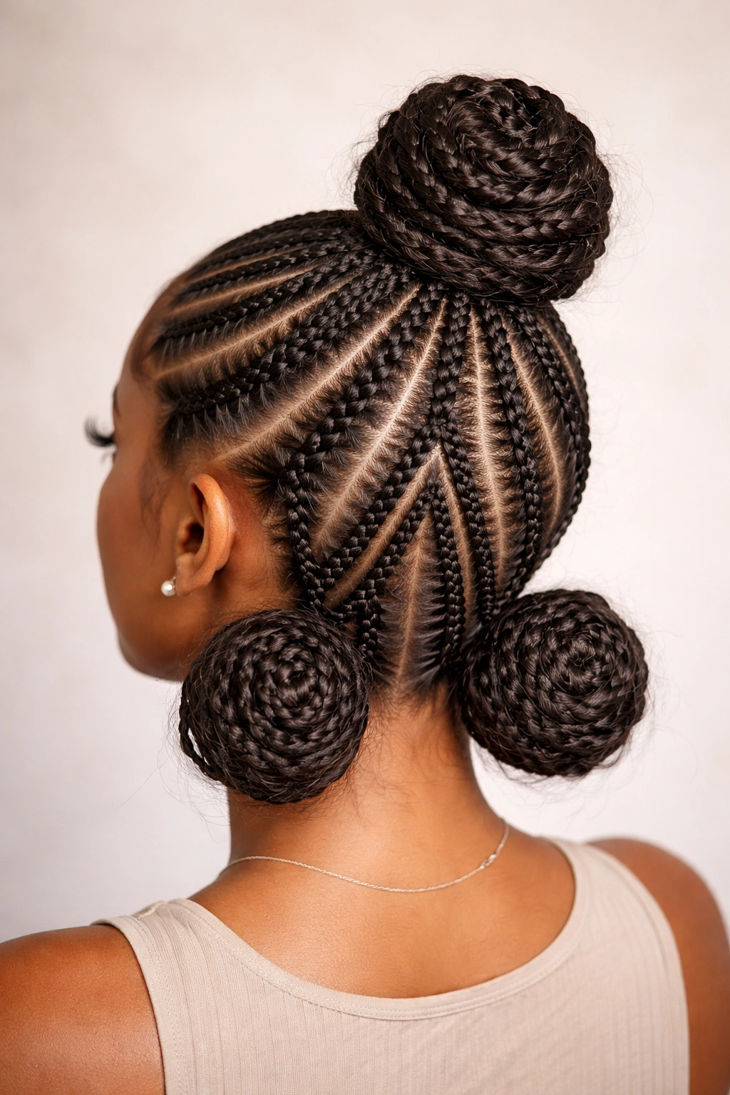 Triangular cornrow pattern with buns at crown and base forming a geometric silhouette