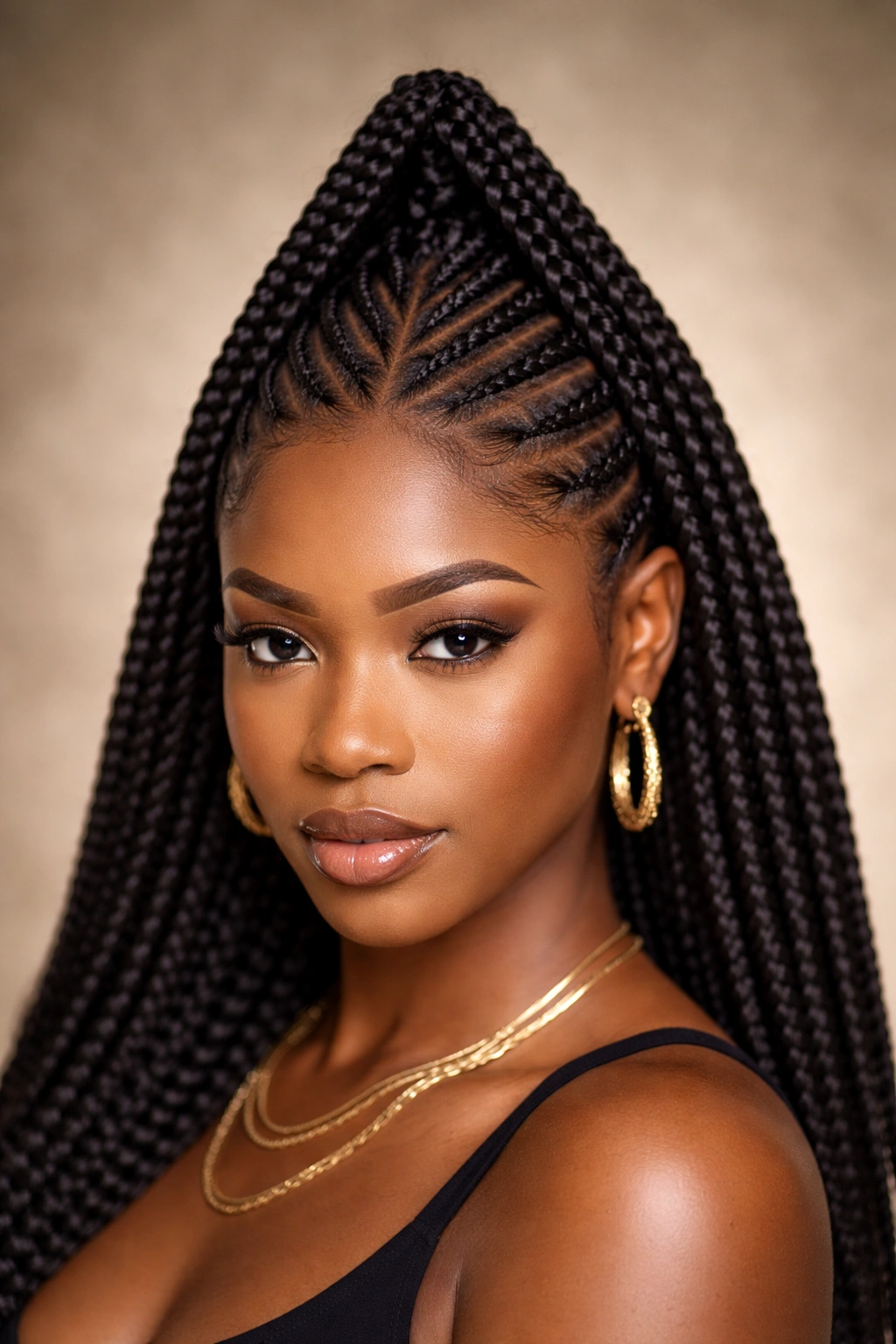 Braids forming a triangular crown on the head