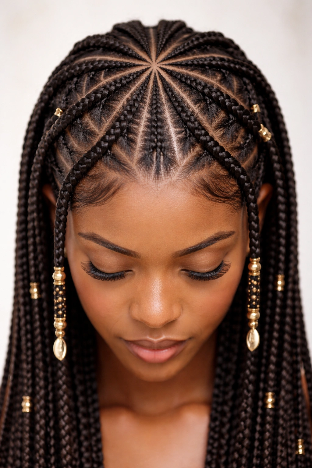 Geometric triangular Fulani braids forming pattern on scalp