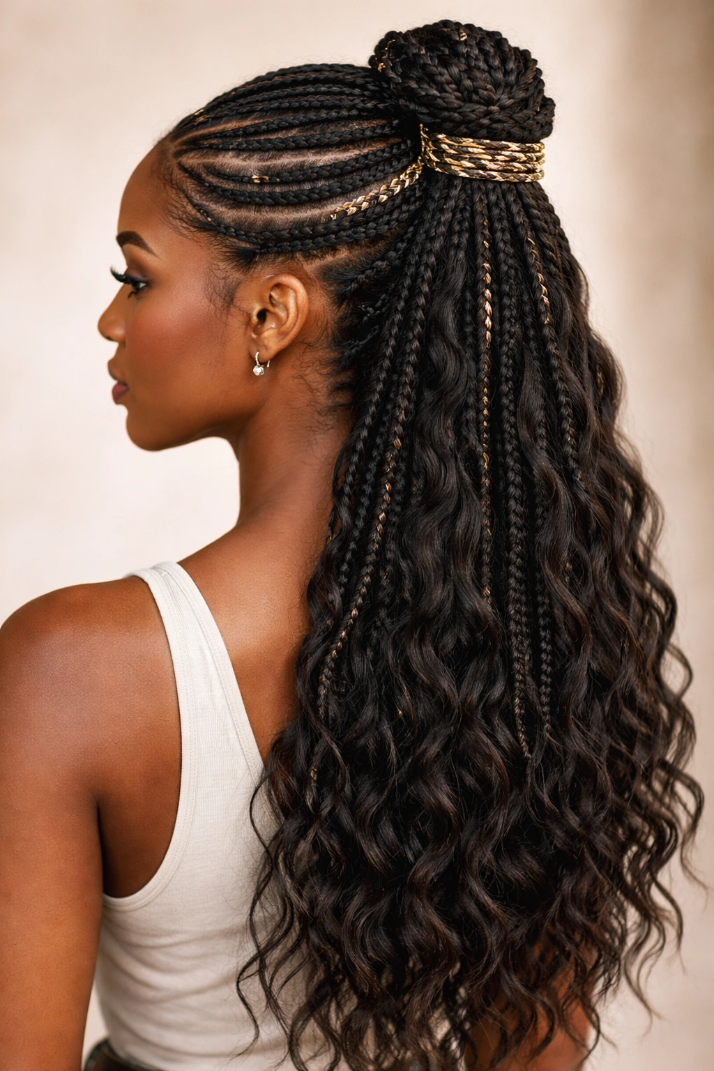 Tribal braids half-up with metallic thread woven through the crown