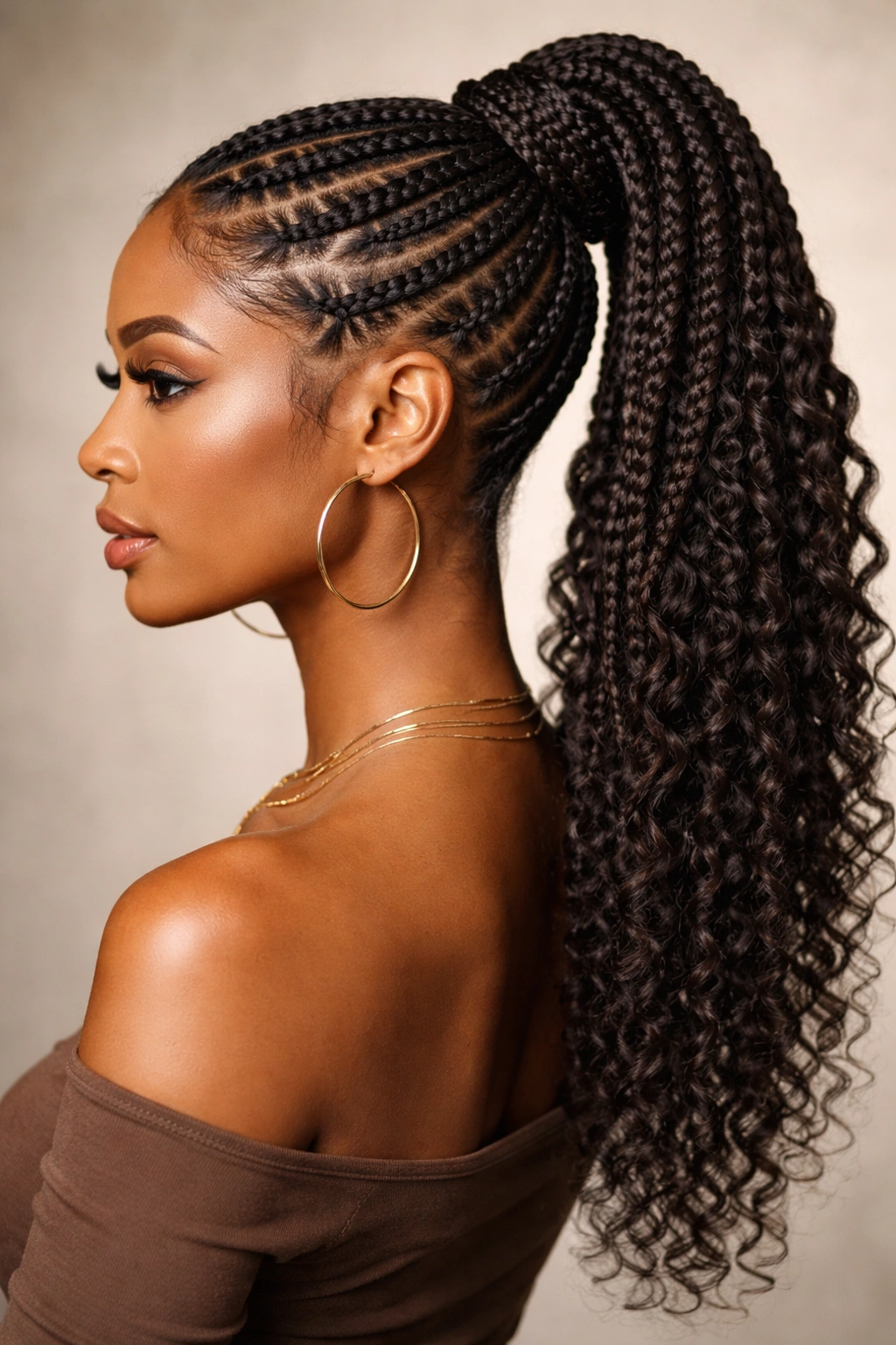Close-up of thick tribal braided ponytail on natural hair