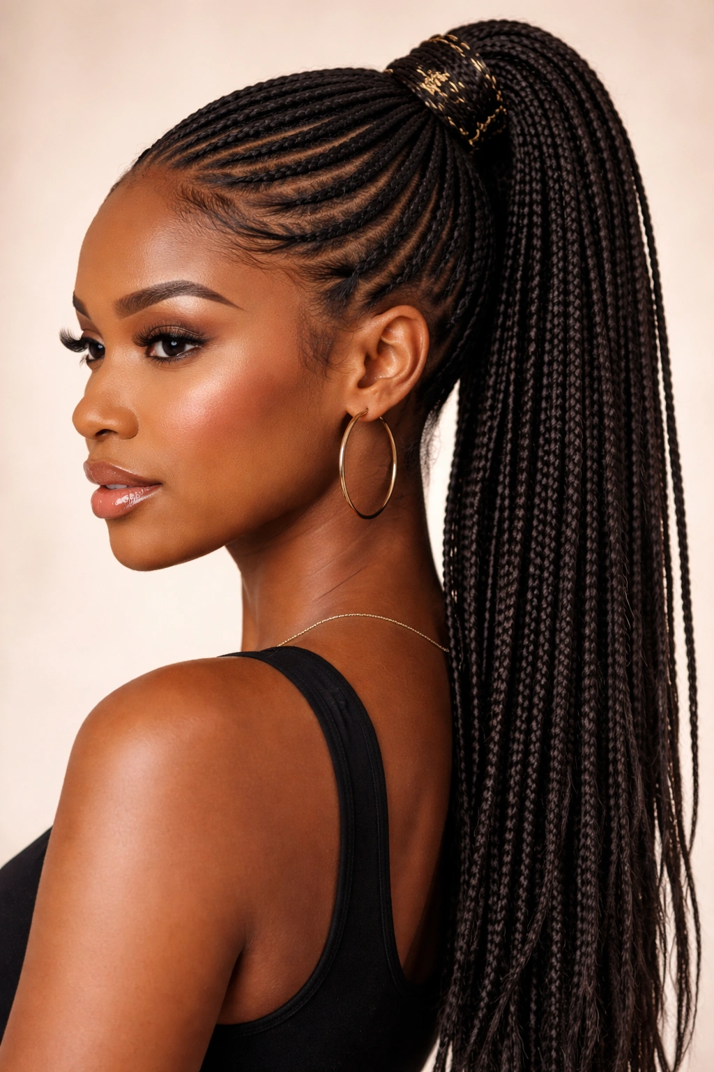 Thin tribal braids gathered into a textured ponytail