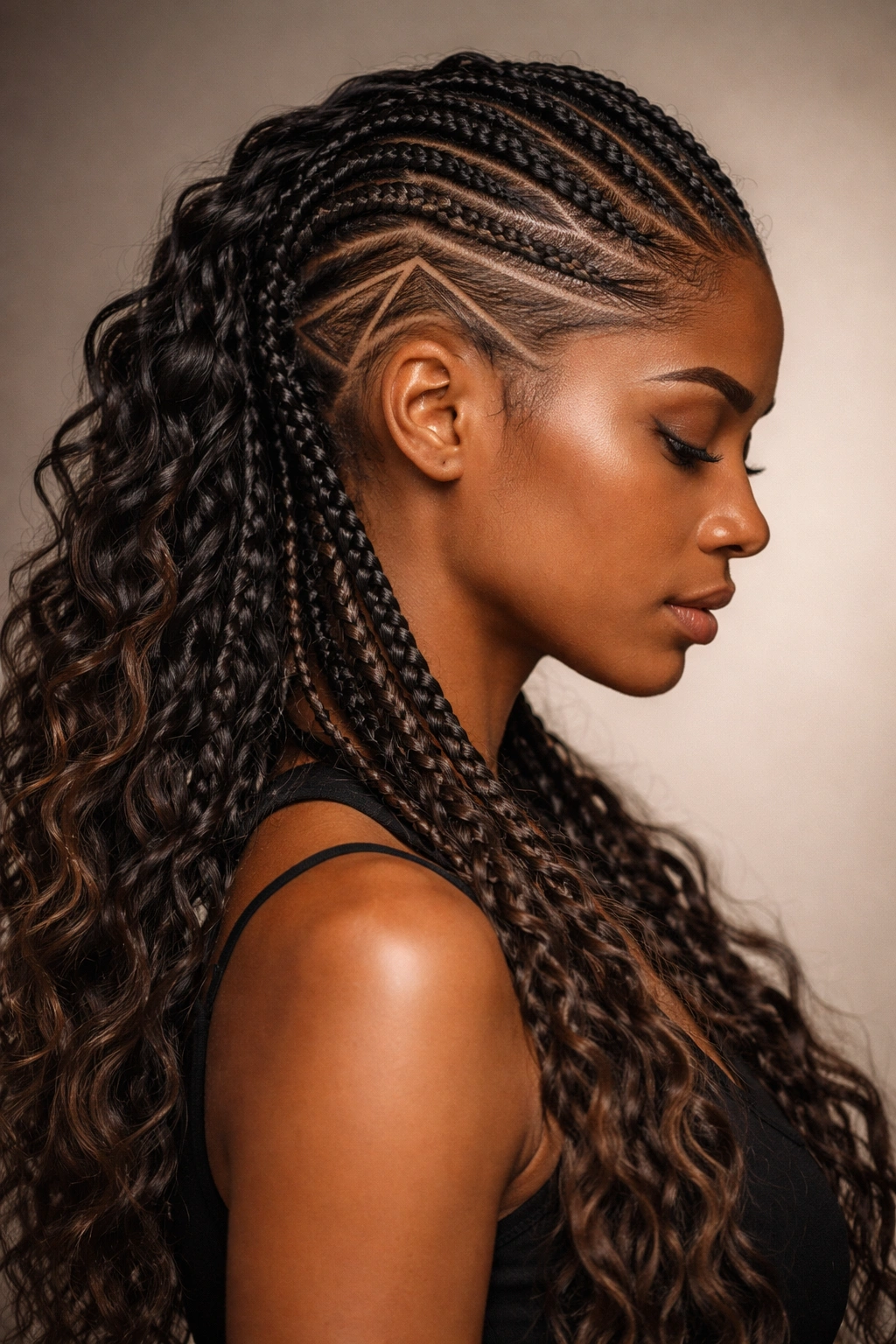 Close-up of tribal braids with shaved undercut on wavy hair