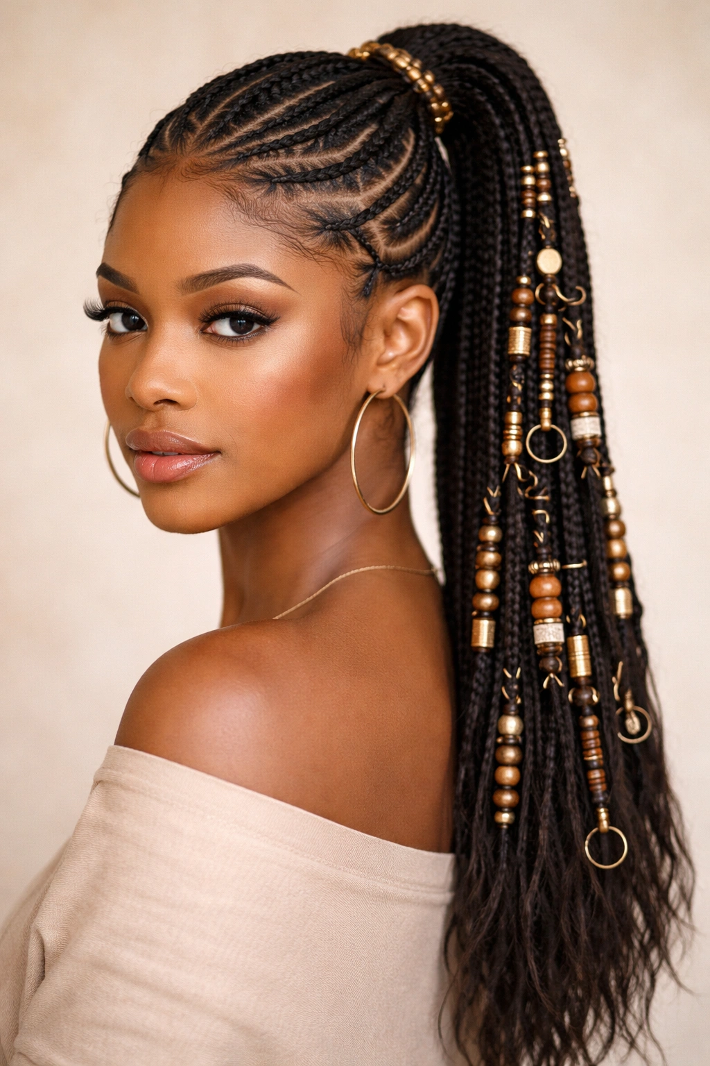 Tribal cornrow ponytail with beads woven into braid patterns.