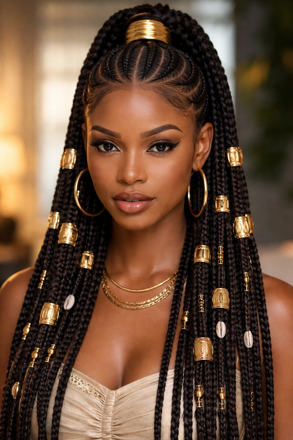 Fulani braids with wide tribal cuffs in a center-part ponytail.