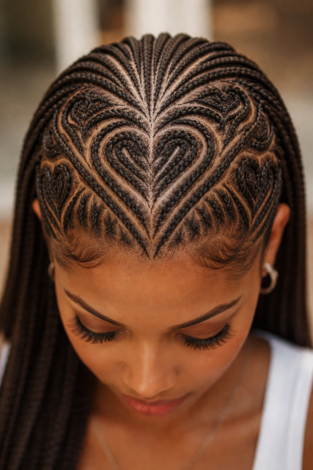 Tribal-inspired heart pattern formed by small feed-in braids across the scalp