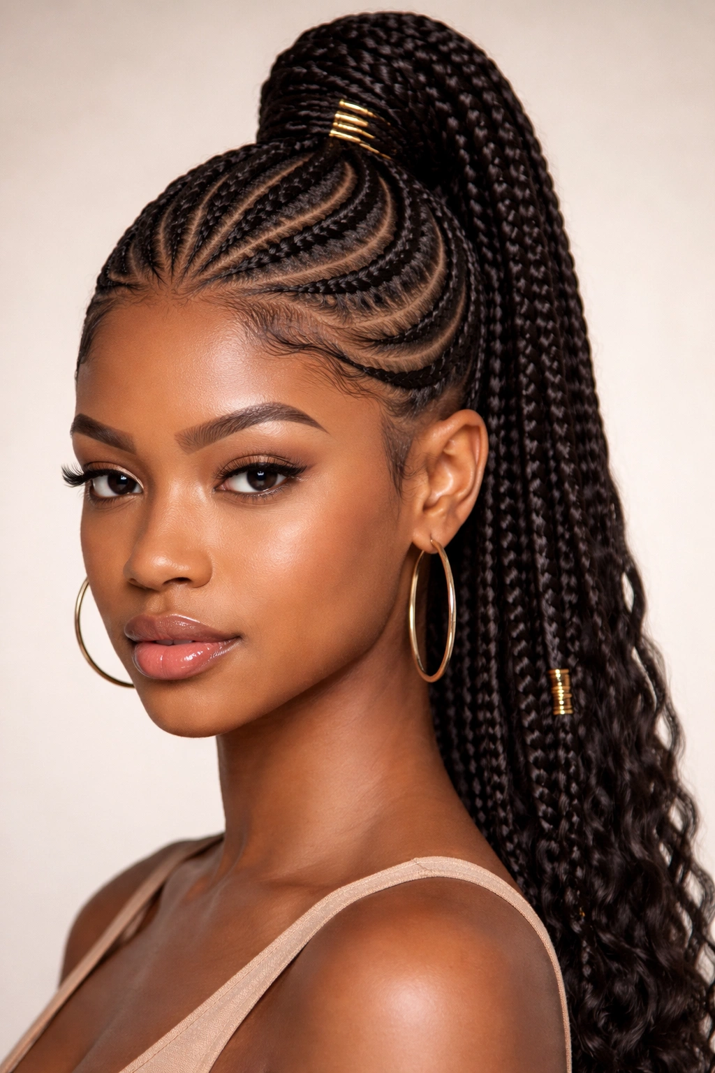 Tribal-inspired cornrow patterns feeding into a ponytail
