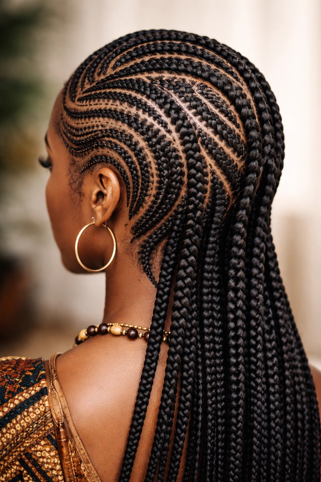 Full-head Ghana braids in tribal rhythmic patterns