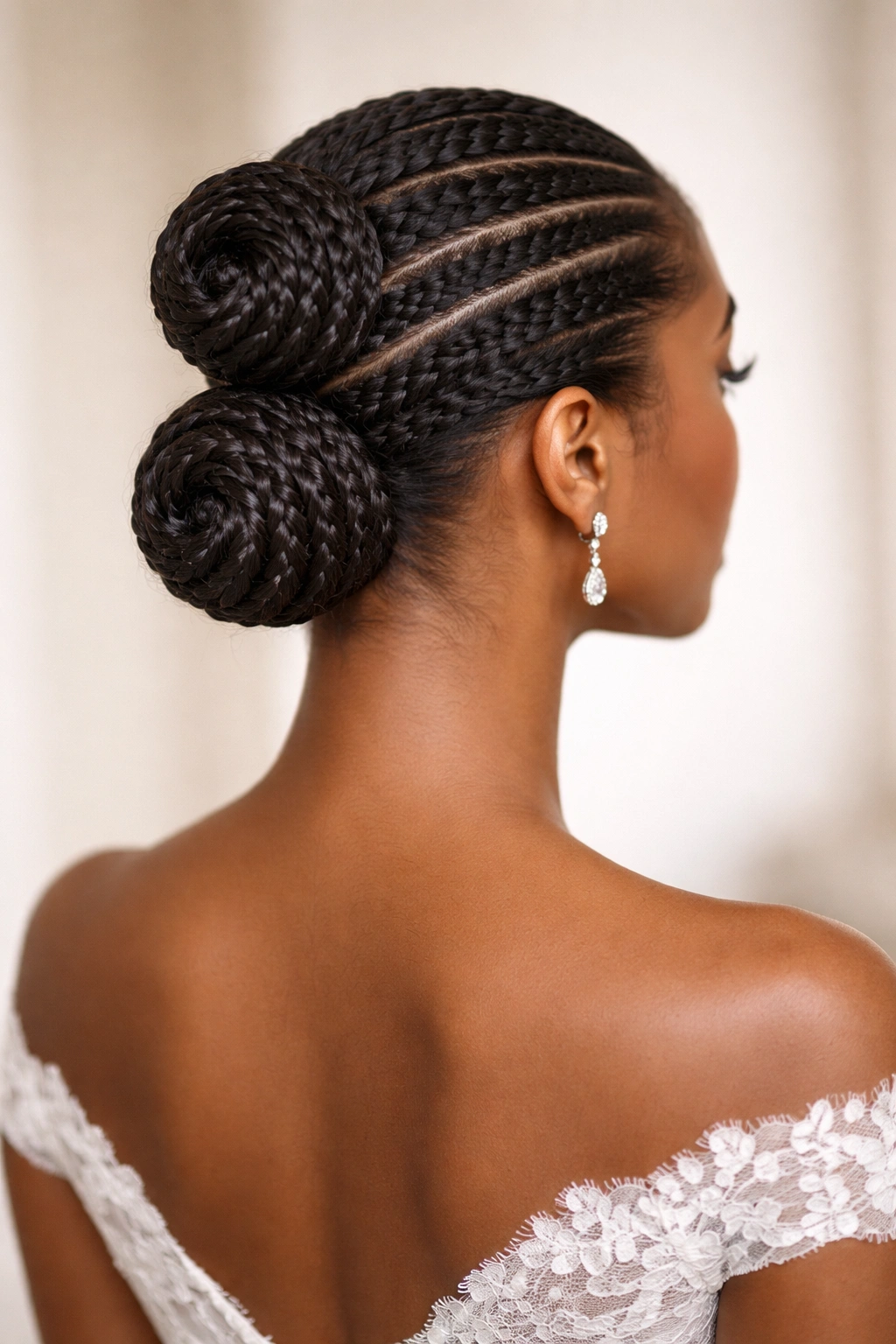 Three stacked cornrow buns along the back of the head