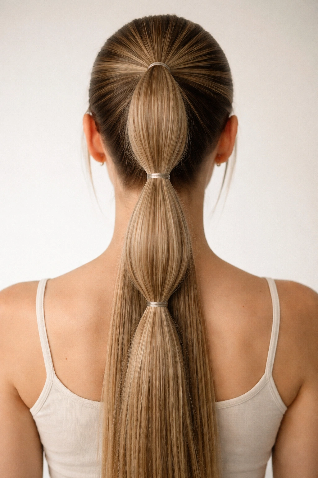 Back view of three neat ponytails down the head on straight hair