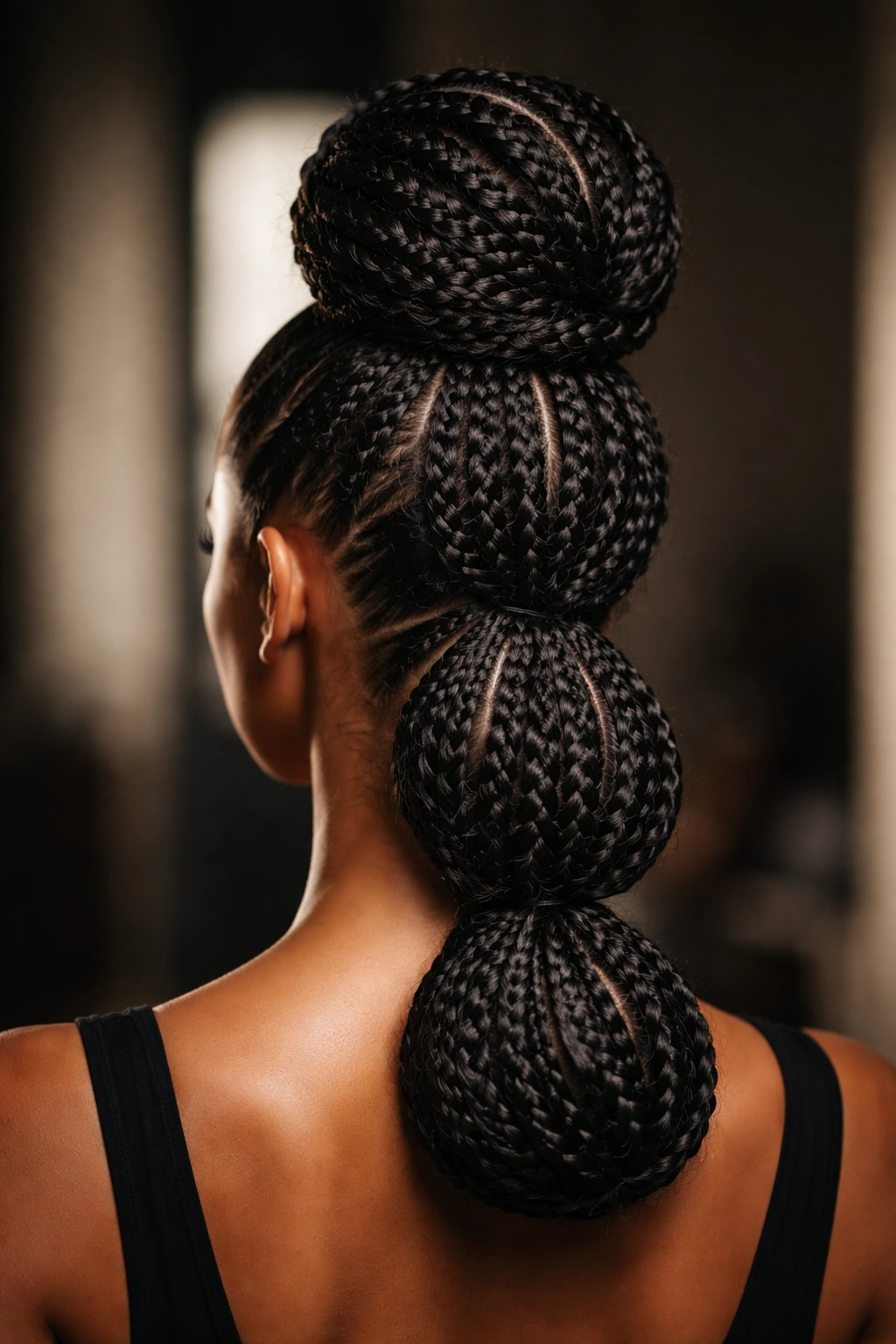 Back view of three stacked buns with graduated braids along the back of the head