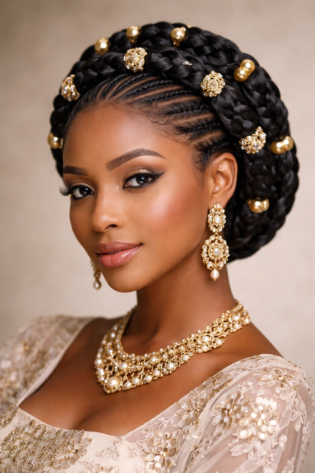 Close-up of Tsadawa braided crown with beads on a model, elegant formal hairstyle