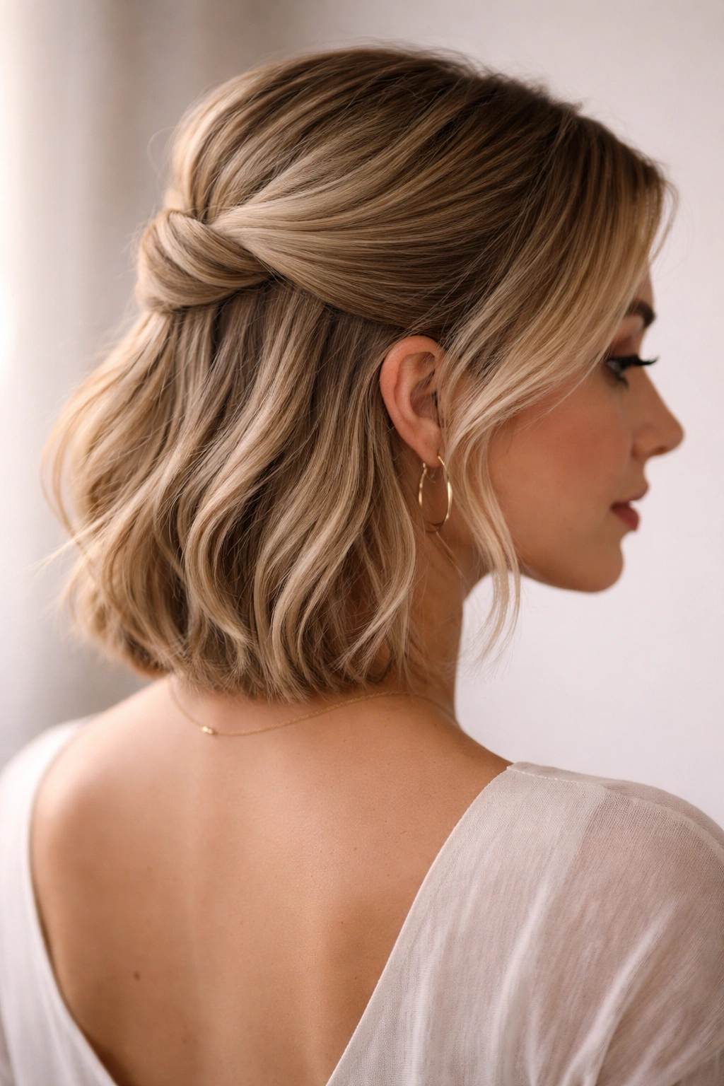 Half up with tucked back section creating a folded dimensional look