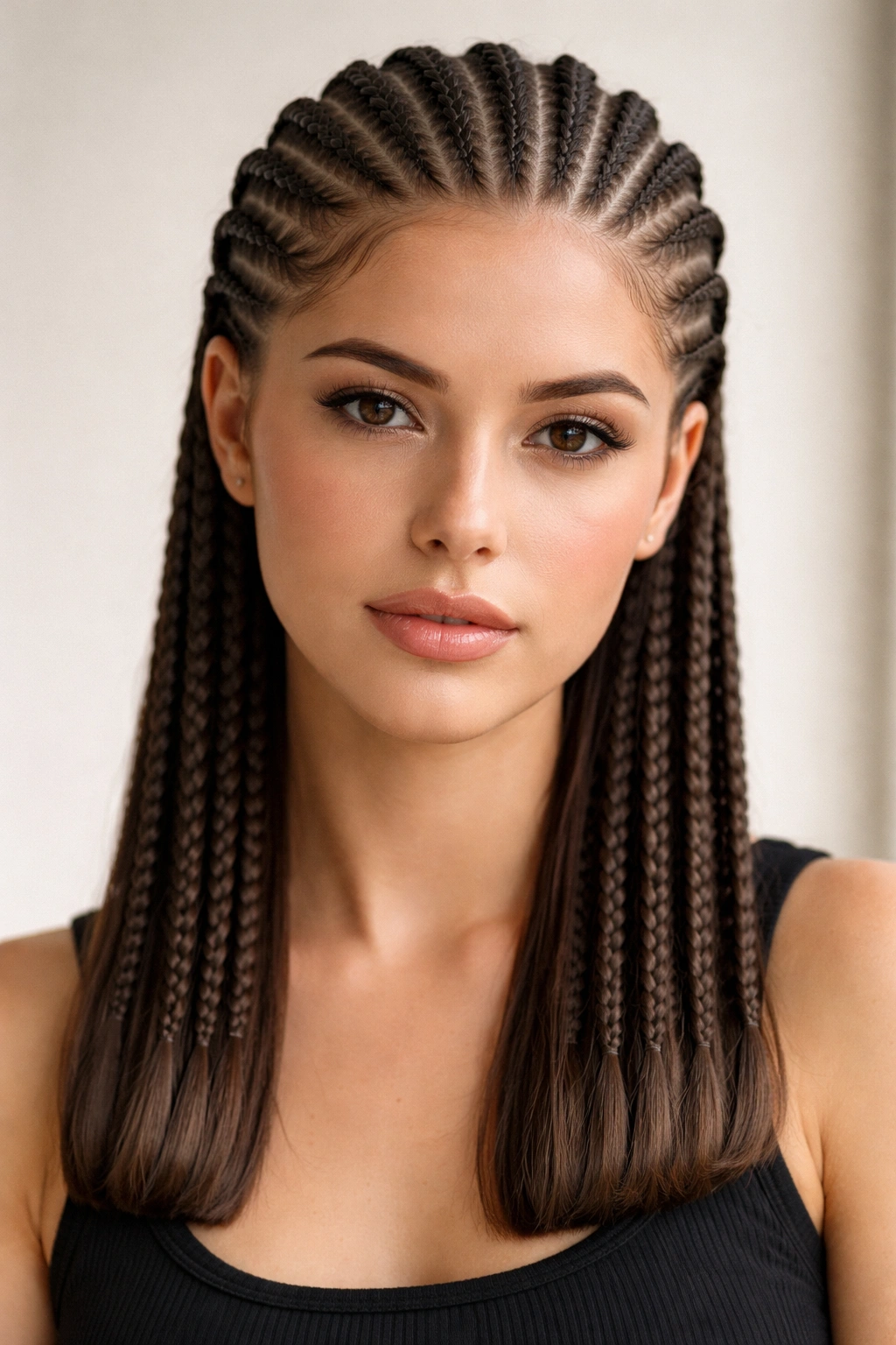 Cornrows with ends tucked under, fully protective look on straight hair