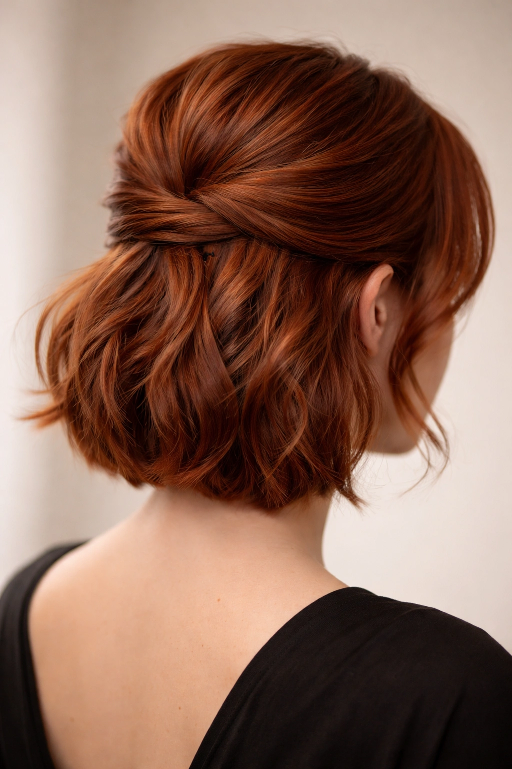 Close-up of short red hair tucked half-up with hidden pins