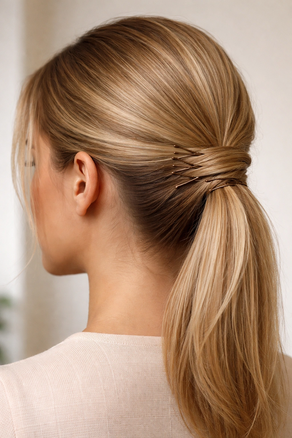 Side view of a tucked ponytail with pins securing the tail on straight hair