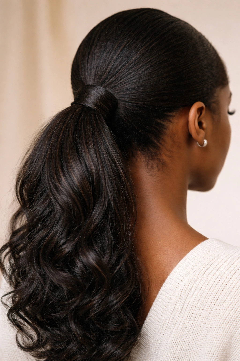 Ponytail with wrapped section concealing the elastic