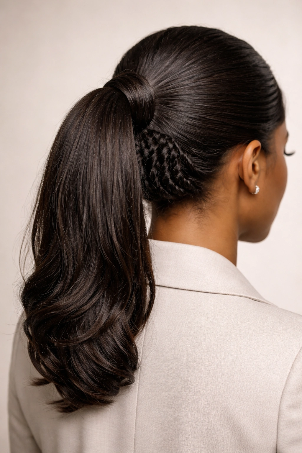 Back view of tucked twists under a ponytail creating subtle base texture.