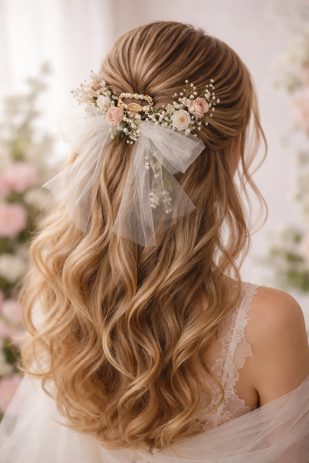 Tulle base with delicate flowers woven into a half-up hairstyle around a claw clip