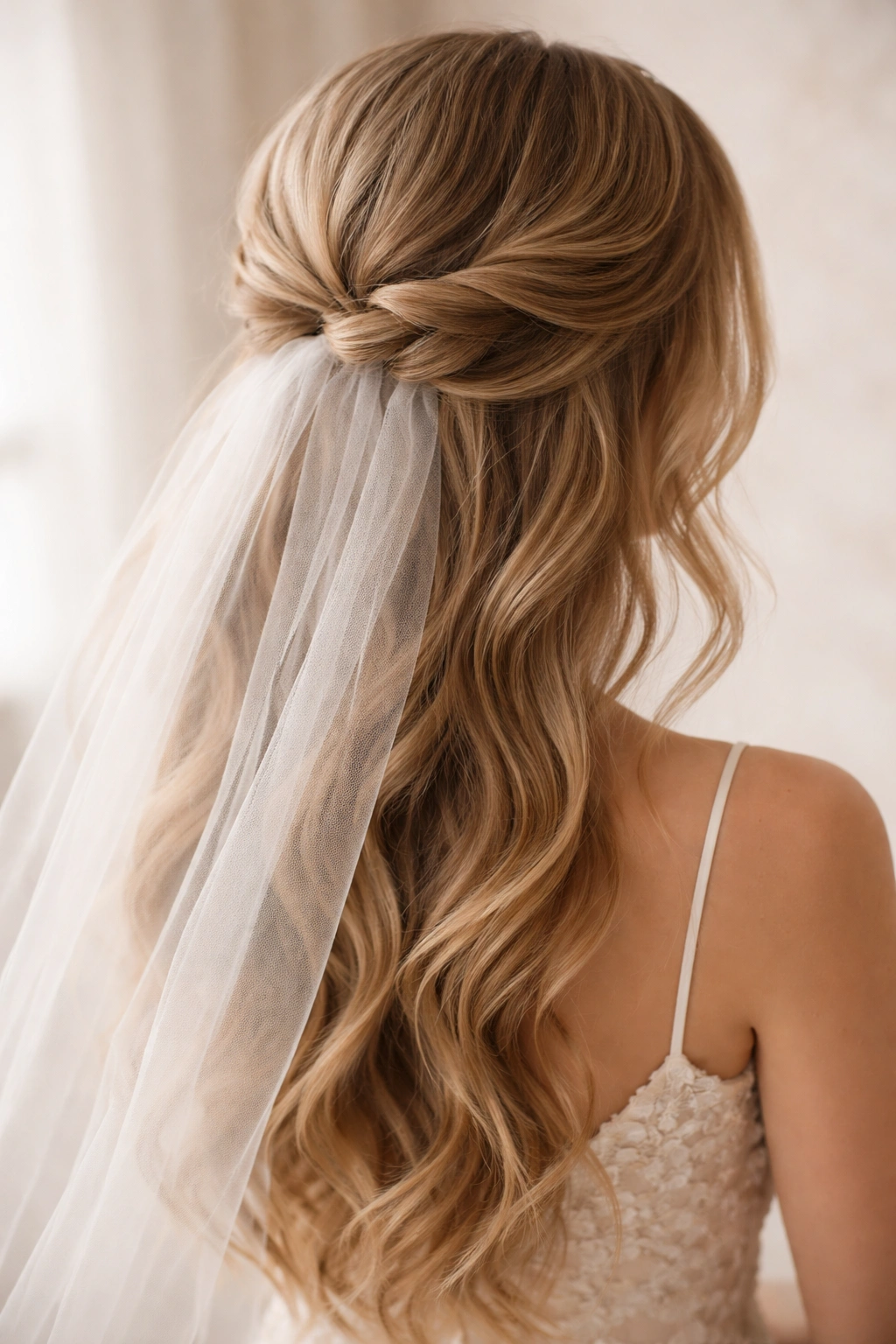 Close-up of a twisted half-up hairstyle with a delicate tulle veil tucked into the twist.