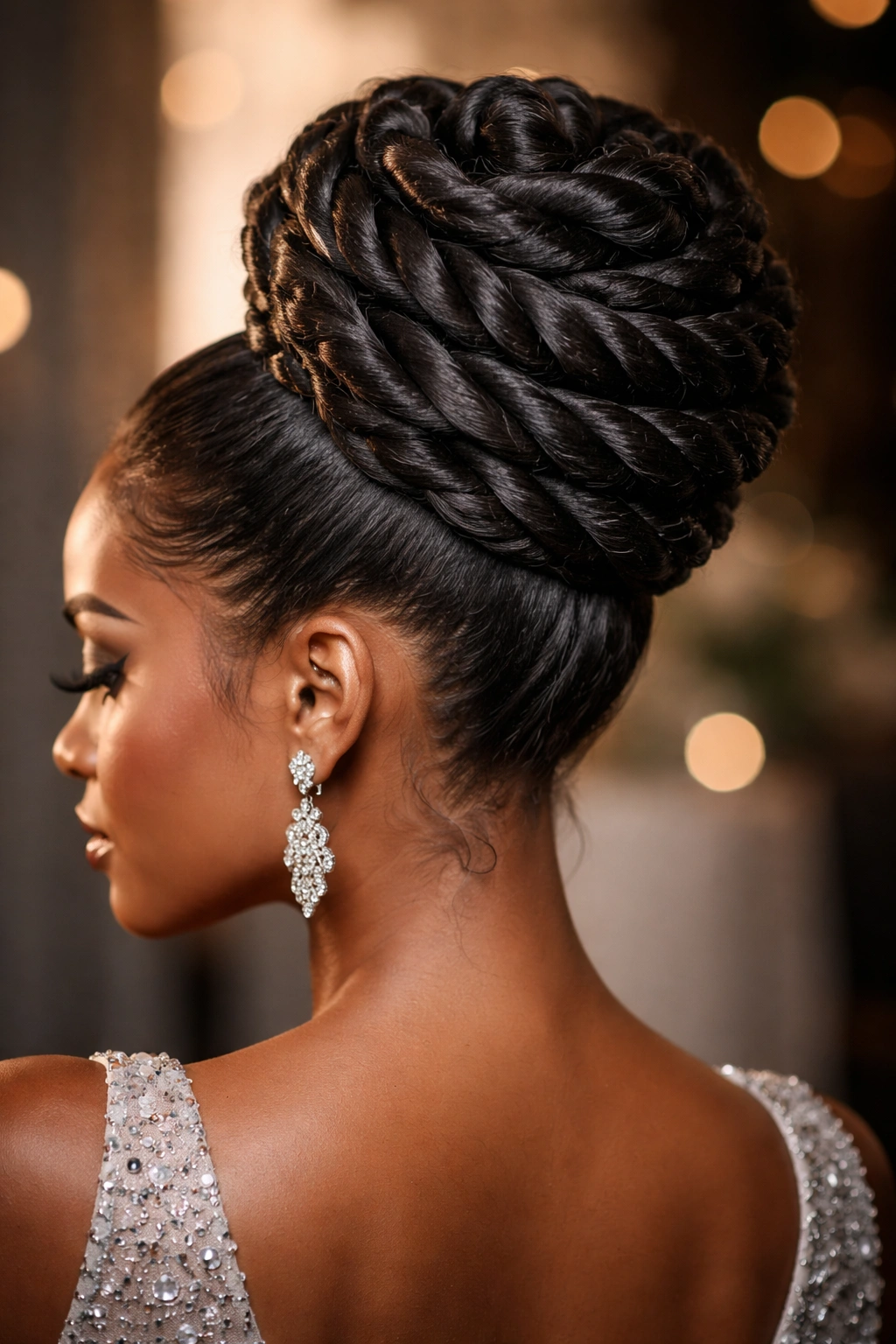 Turban-wrapped twisted bun for prom