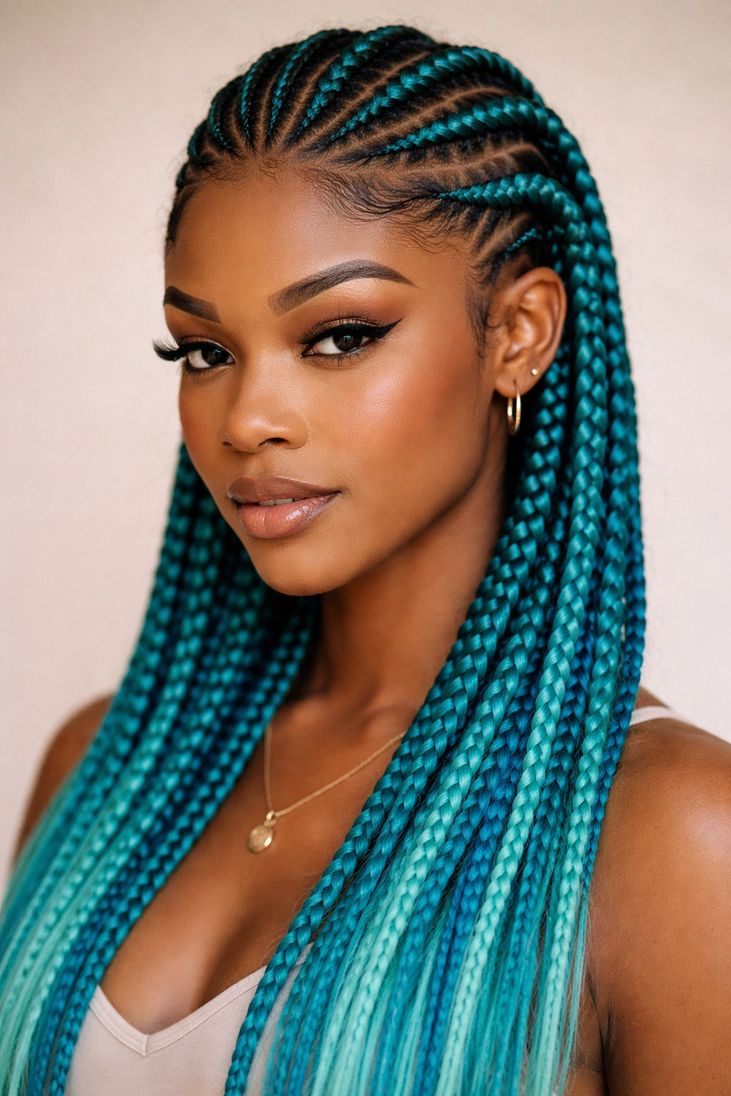 Close-up of turquoise feed-in cornrows showing teal-blue strands braided from the scalp