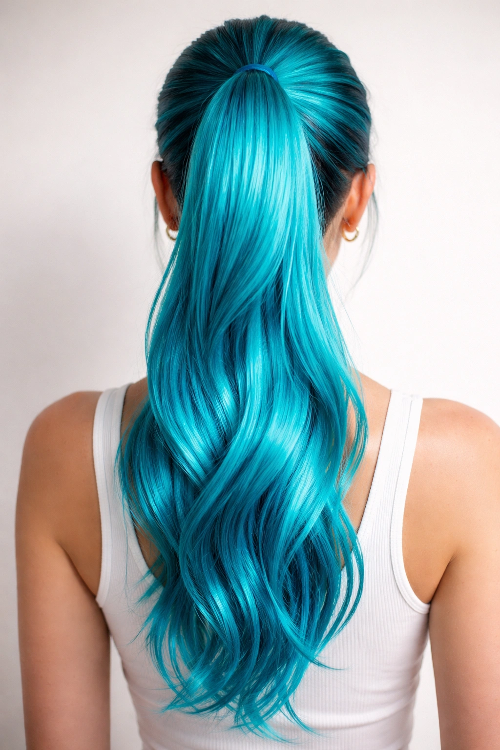 Back view of a bright turquoise ponytail with electric blue-green shine