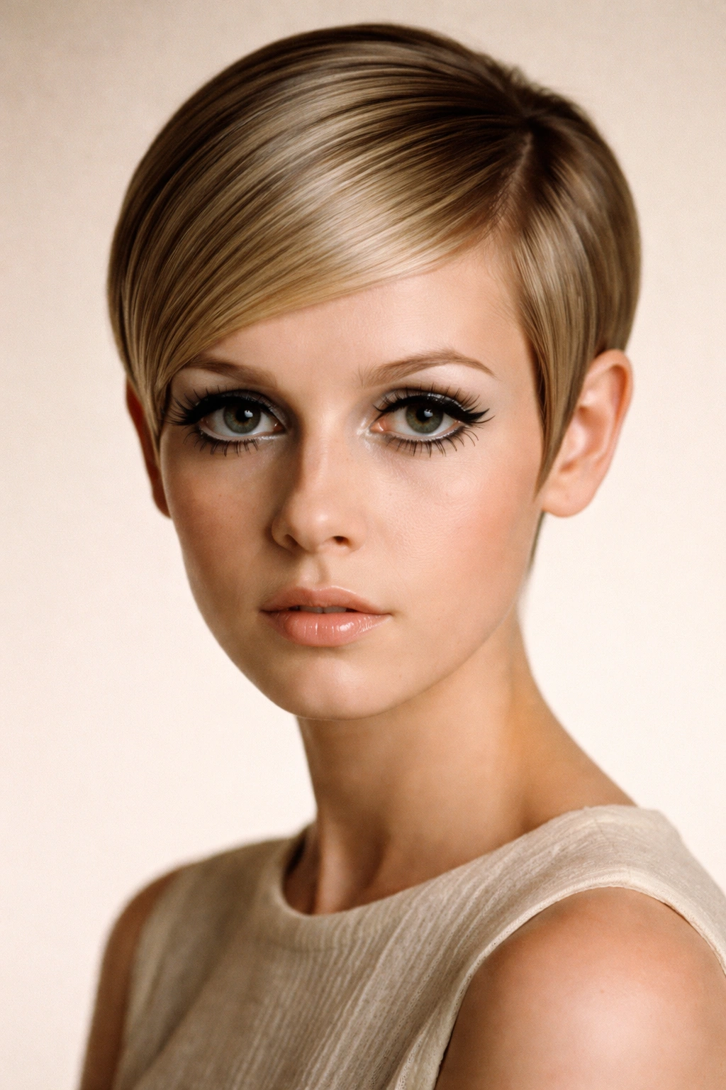 Close-up of a Twiggy-inspired ultra-short geometric cut with sharp lines