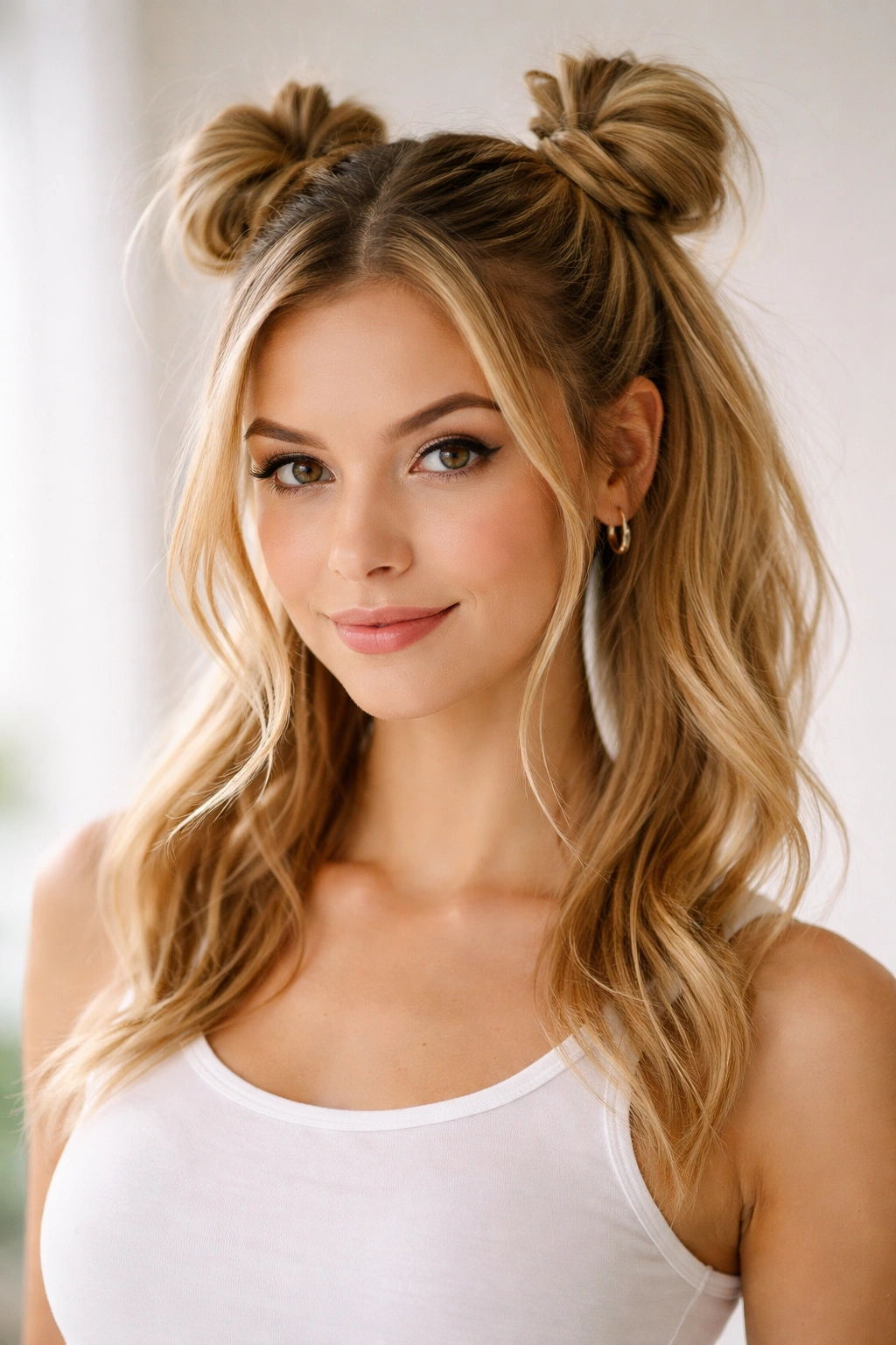 High ponytail split into two buns on either side of the crown