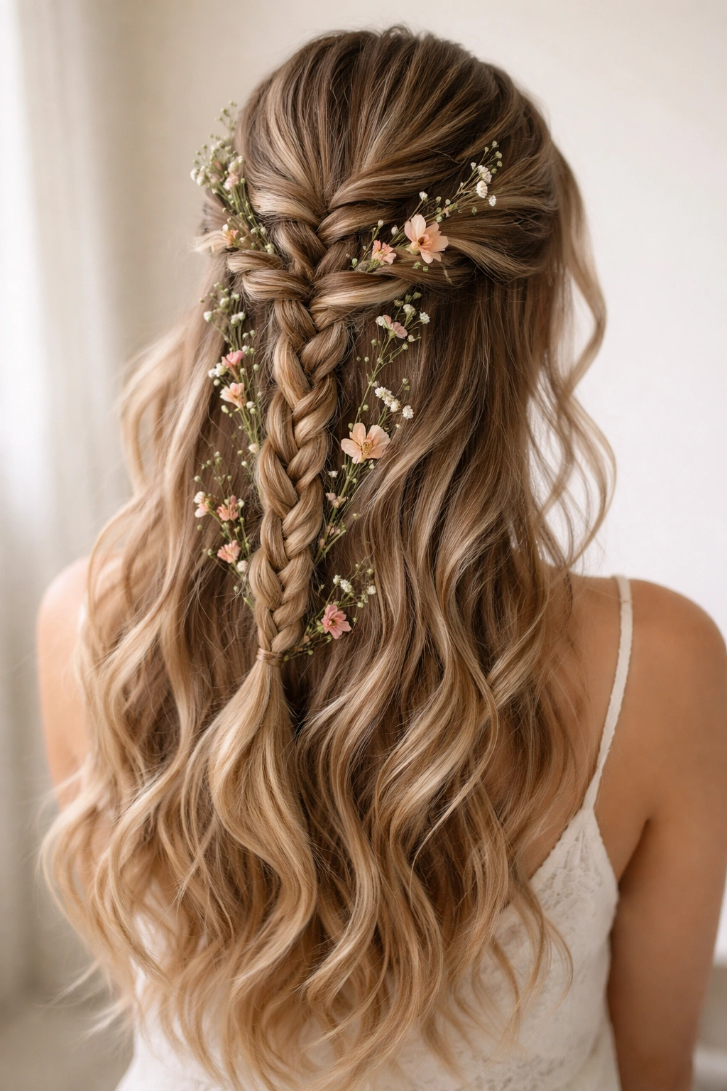 Hybrid hairstyle with twists, braids, and delicate flower stems woven through hair