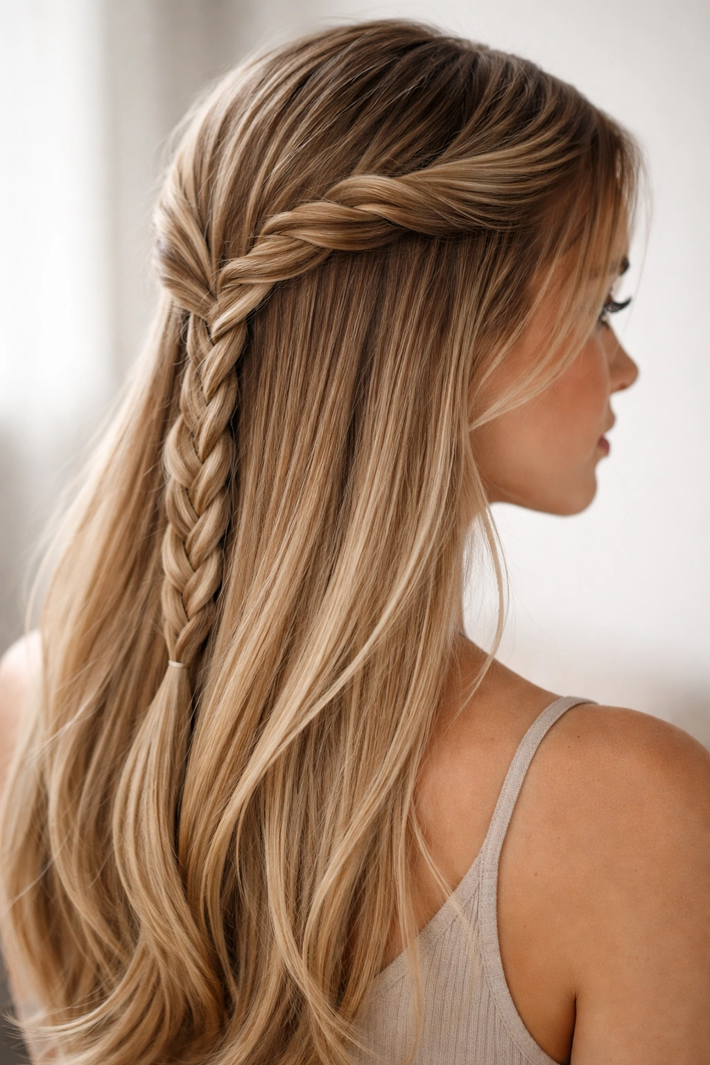 Twist and braid hybrid half-up style with two textures meeting at back