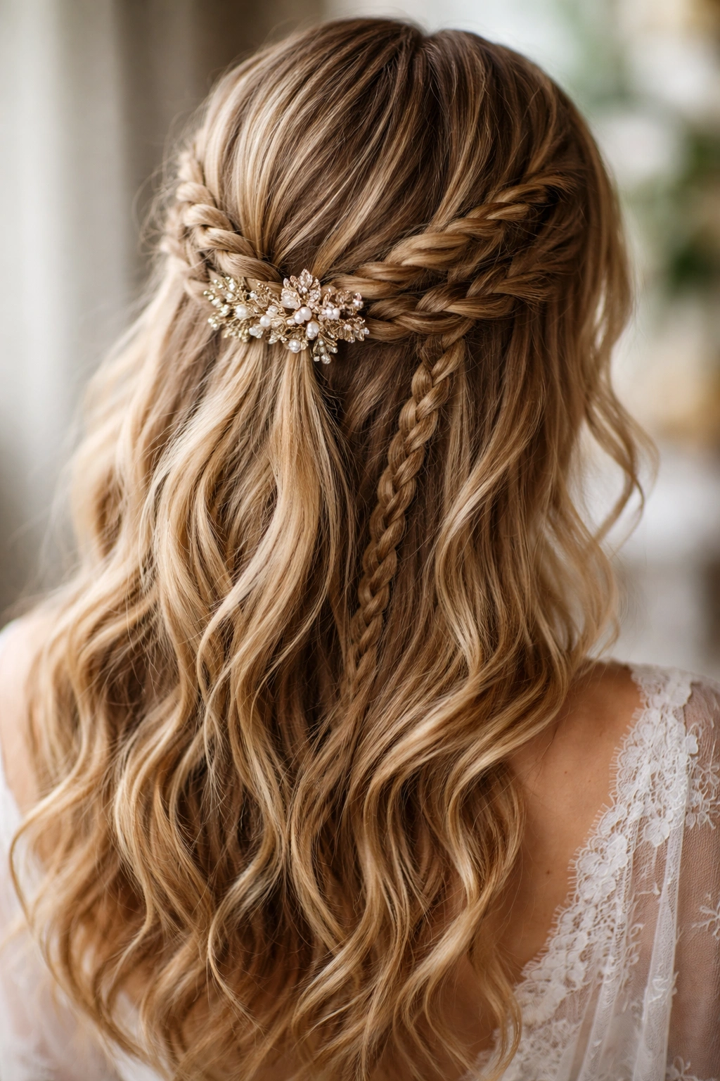 Bridal half-up hairstyle with twists and small braids for a chic, undone look.