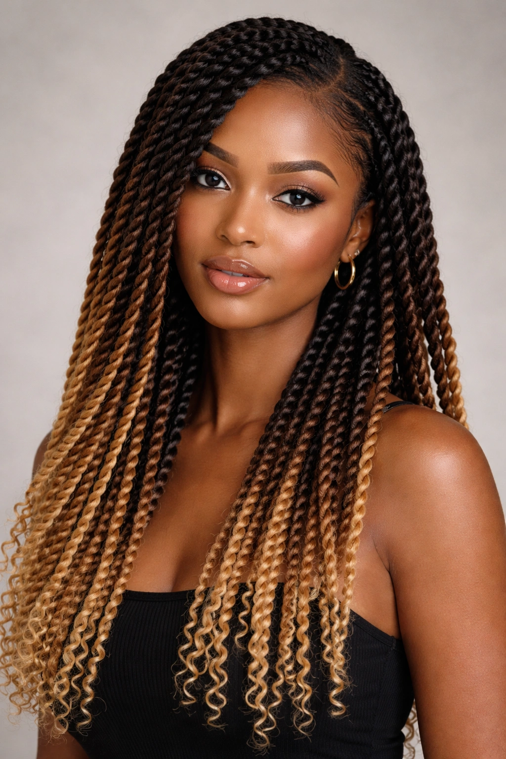 Close-up of twist braids with ombre coloration from dark roots to light ends
