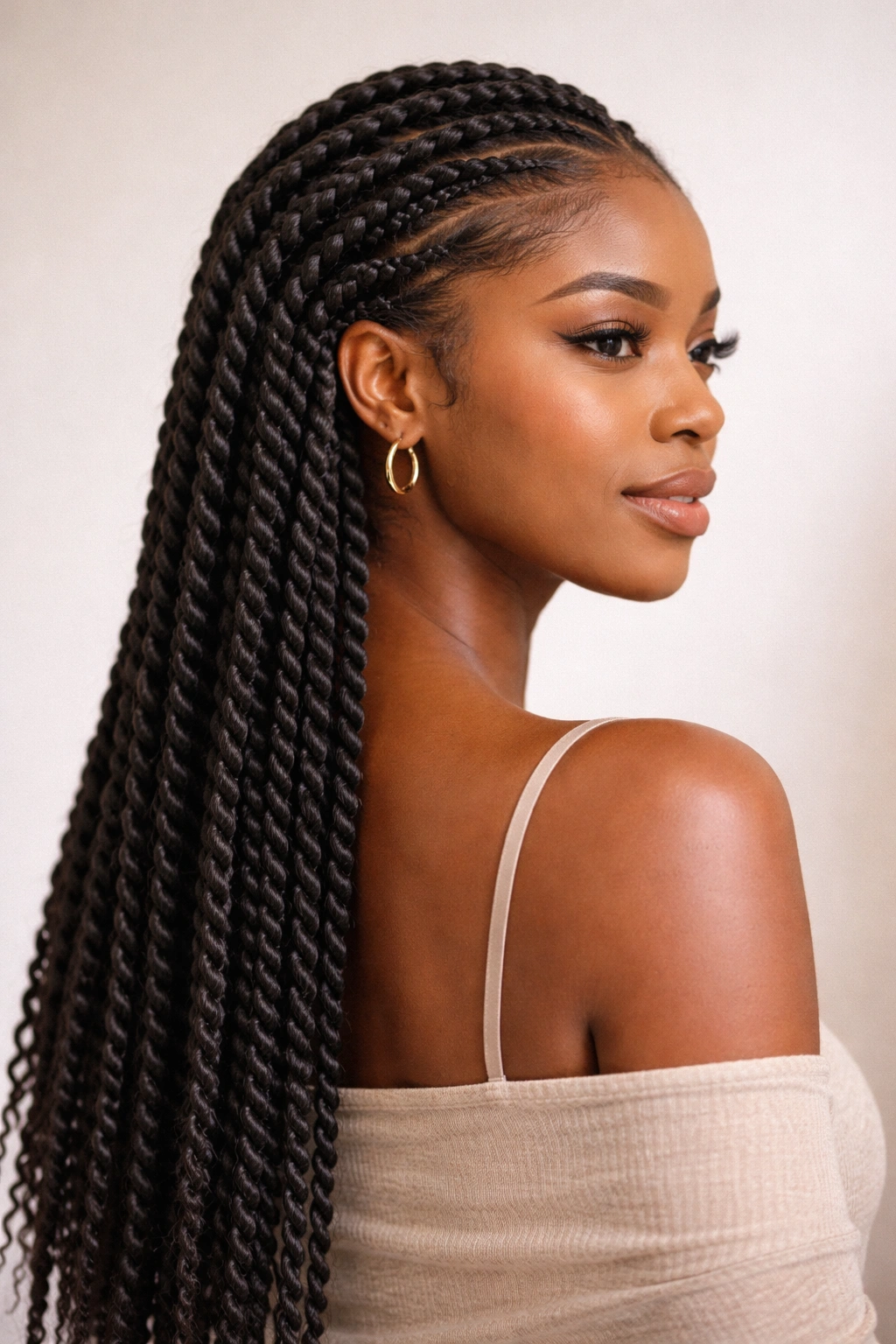 Two-strand twists forming rope-like texture along the head