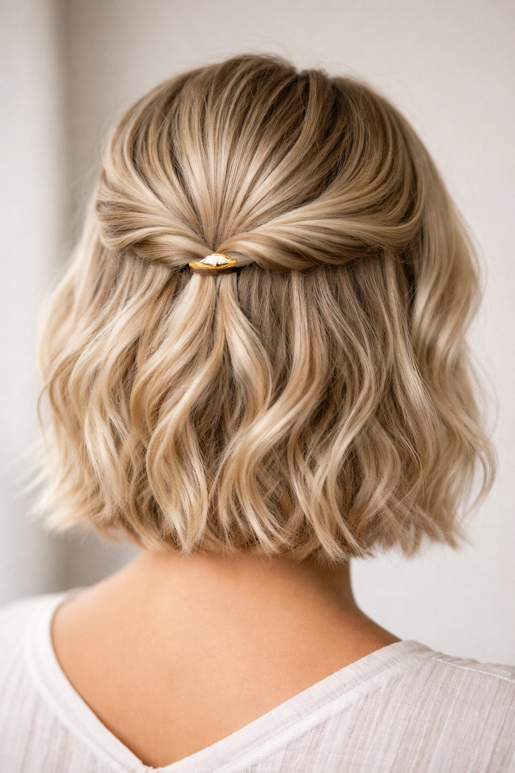 Close-up of twisted half-up hairstyle with a single clip on short blonde hair