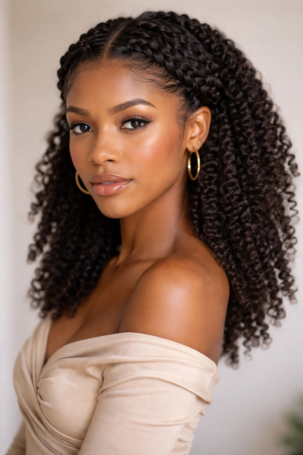 Close-up of a person with a crown of two-strand twists framing the face and loose back coils