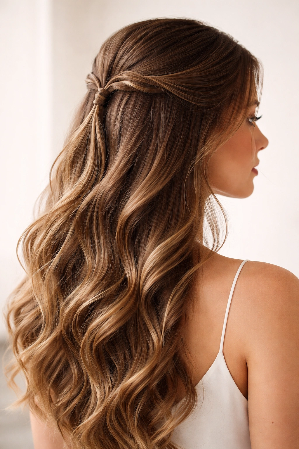 Close-up of two crown twists pulled back into the center with wavy hair