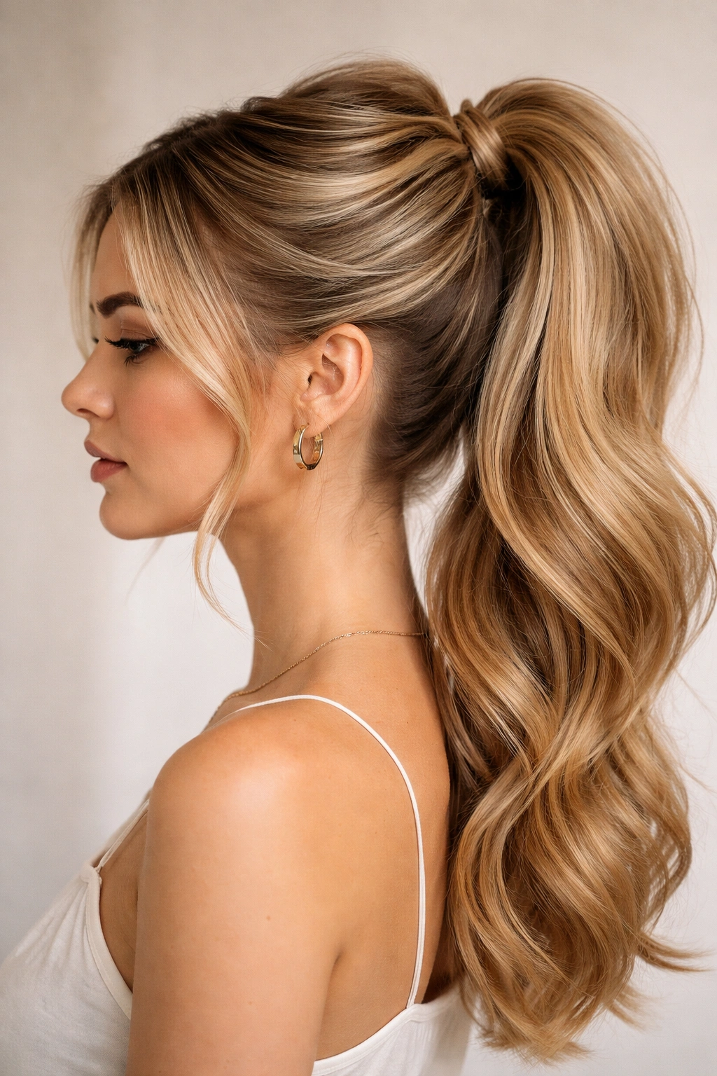 Side profile of twisted crown sections forming dimensional high ponytail