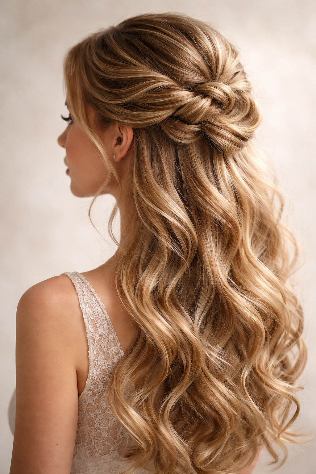 Close-up of twisted and curled half up hairstyle with a loose coil.