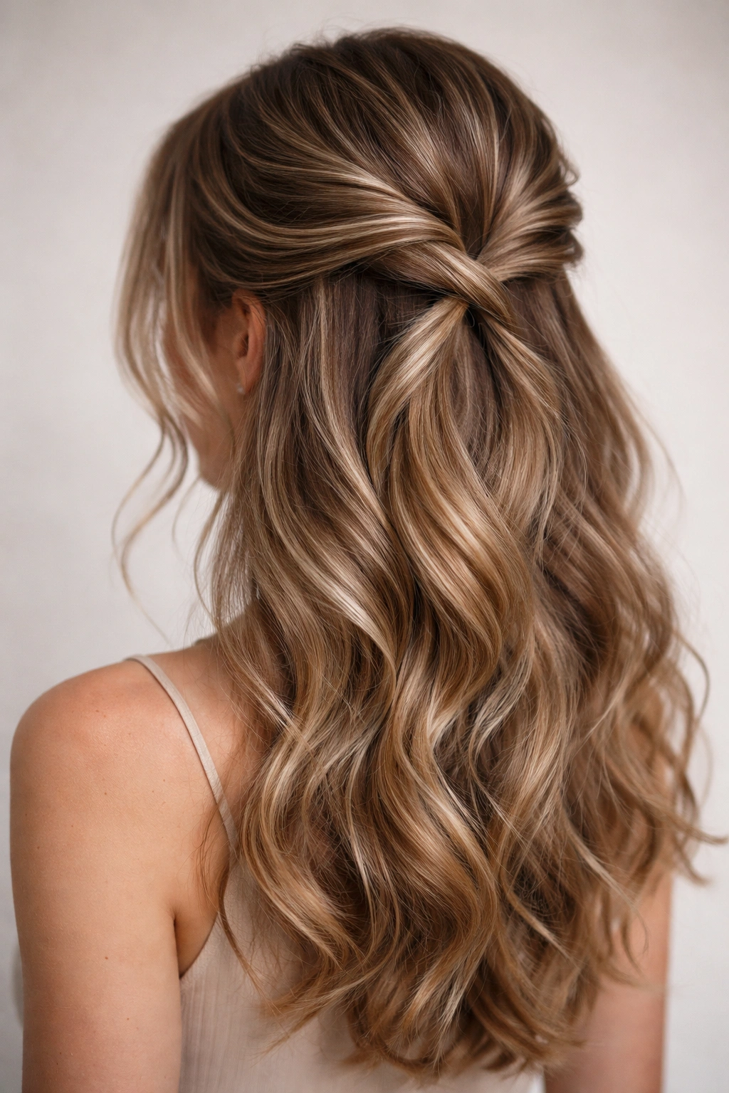 Close-up of twisted half up hairstyle with textured volume at crown