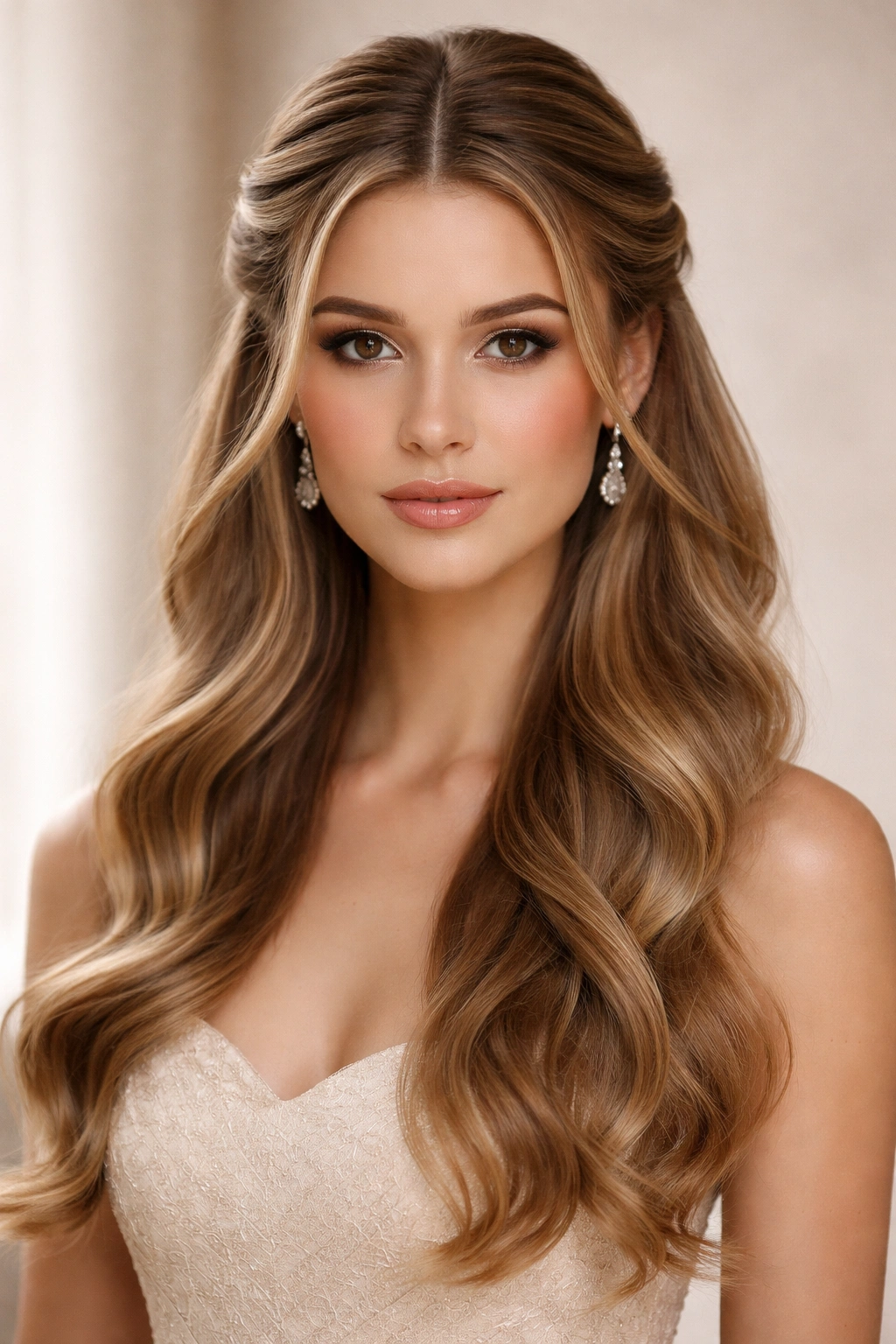 Close-up of a formal hairstyle with a deep center part and symmetrical twists pulled to the crown