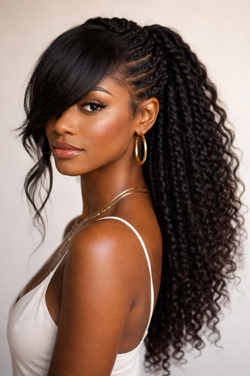 Close-up of twisted side half-up hairstyle with dramatic side-swept bangs.