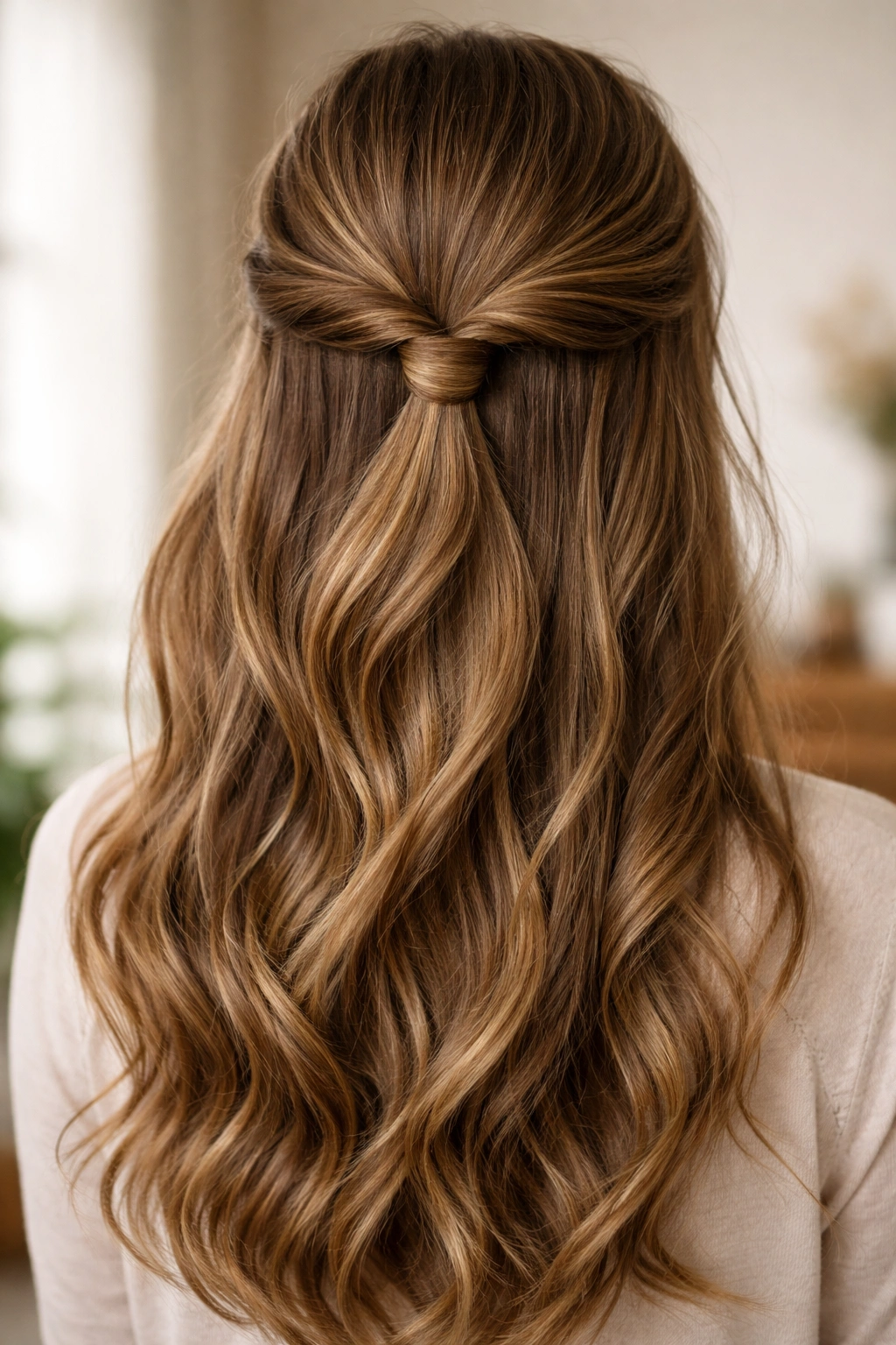 Wrapped twist half up with wrapped base concealing pins and hair down