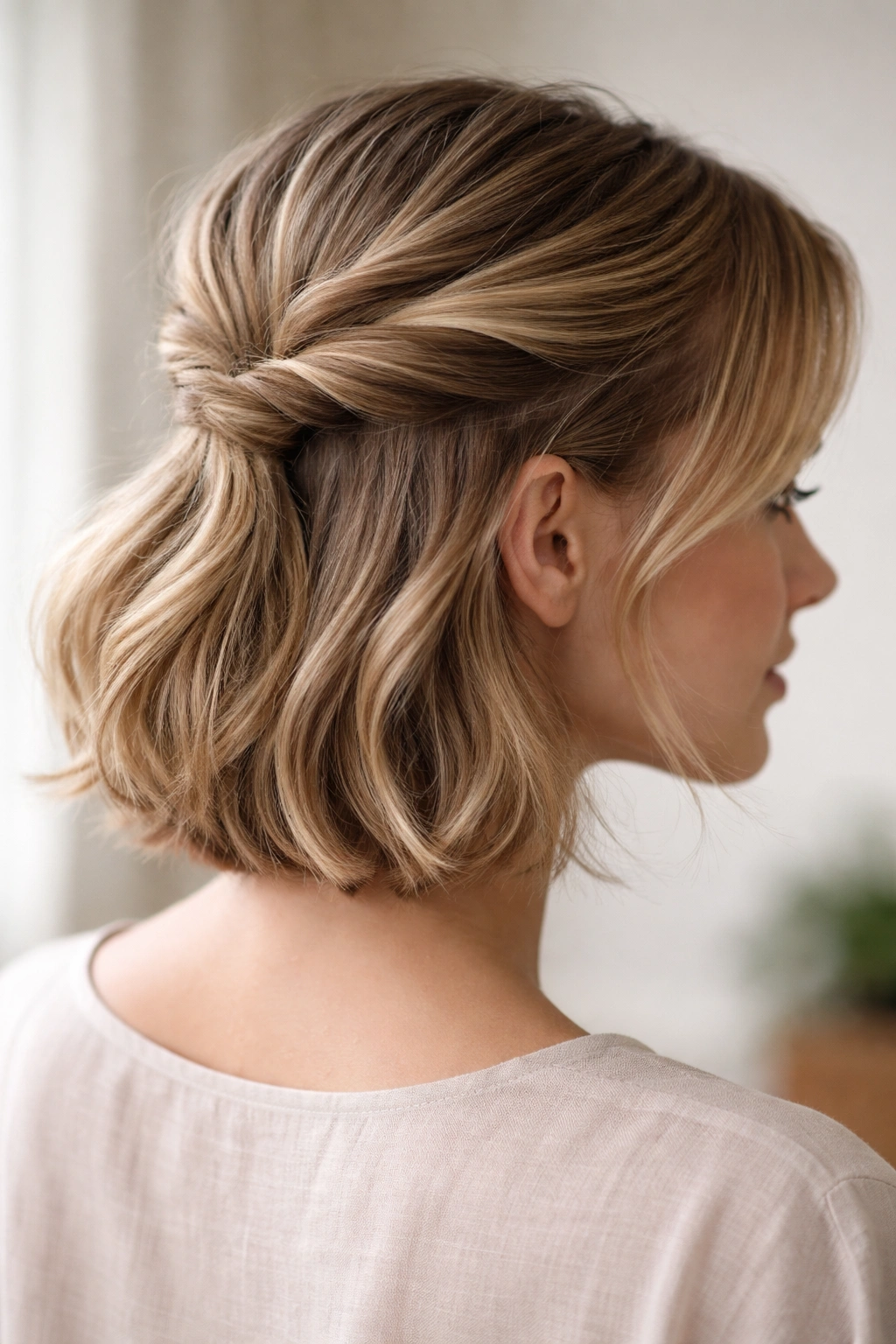 Close-up of a short hairstyle with a loose twist at the crown
