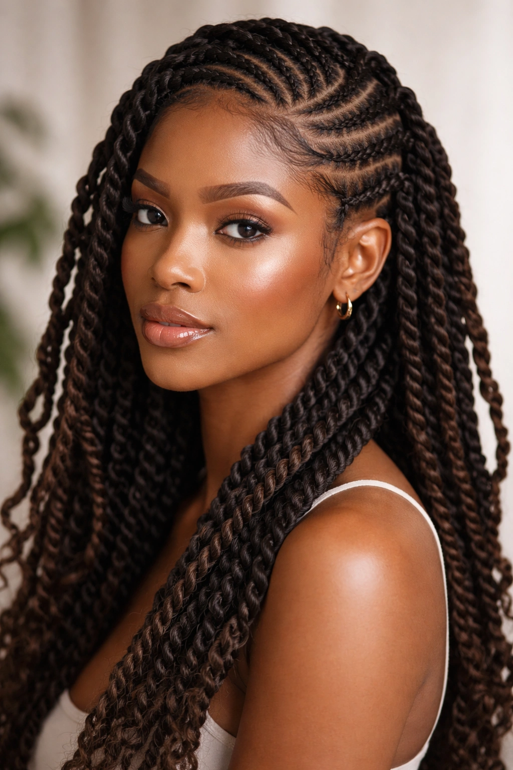 Medium-close portrait of goddess twist-in locs with cornrows and rope twists